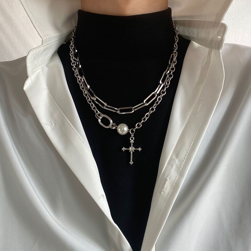 Vòng cổ Hai Lớp Đính Đá Và Ngọc Trai Phong Cách Hip Hop Thời Trang Cho Nữ