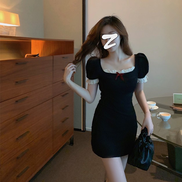 Xiaozhainv Đầm/chân váy/áo dệt kim ngắn tay cổ vuông phối ren thời trang Hàn Quốc | BigBuy360 - bigbuy360.vn