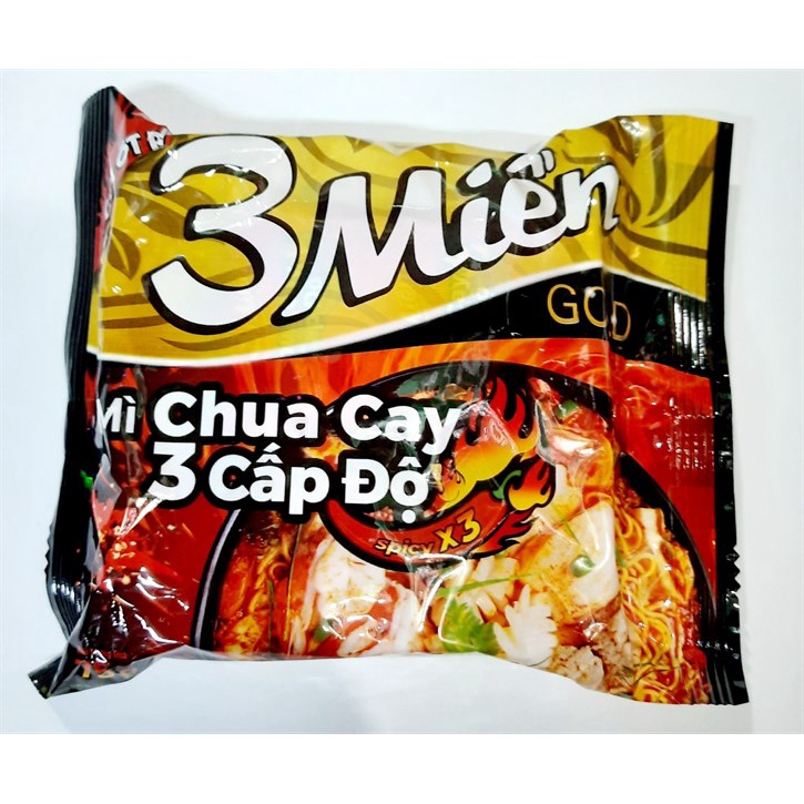 Thùng 30 gói Mì 3 Miền chua cay 3 cấp độ 75g