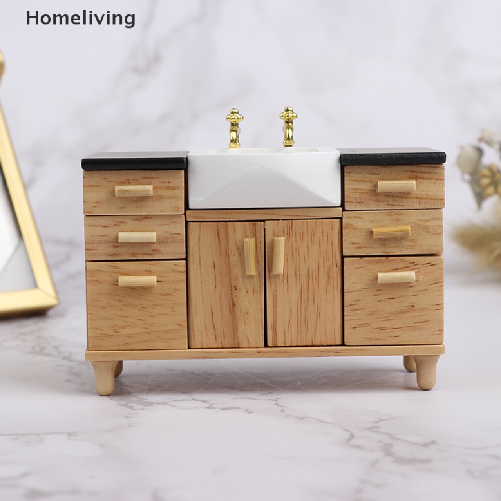 Mô Hình Tủ Chén / Bồn Rửa Bằng Gỗ Tỉ Lệ 1 / 12 Trang Trí Nhà Búp Bê