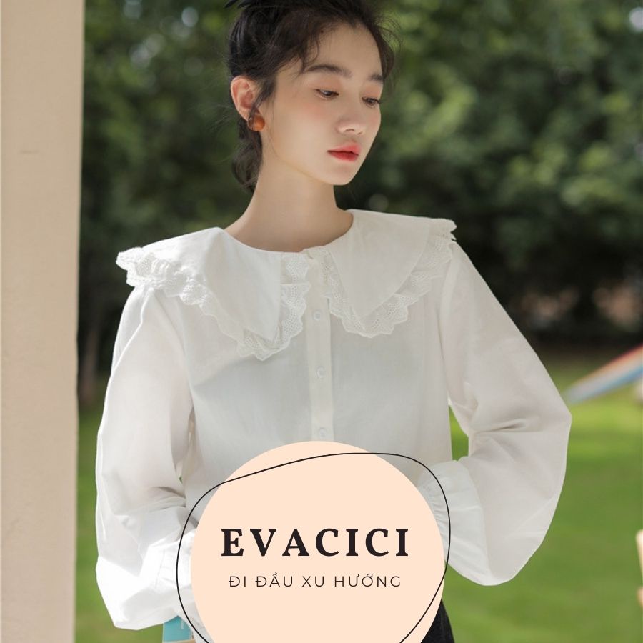 Áo sơ mi cổ 2 bèo viền ren độc đáo. Áo babydoll dài tay bồng chất mát