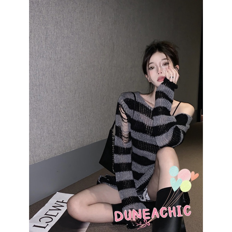 DUNEA Áo Nữ Tay Dài Họa Tiết Sọc Ngang Thời Trang Cá Tính