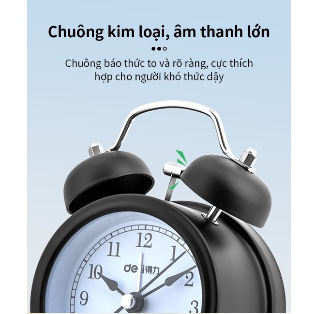 Đồng hồ báo thức dạ quang Deli - Khung thép không gỉ - 9024