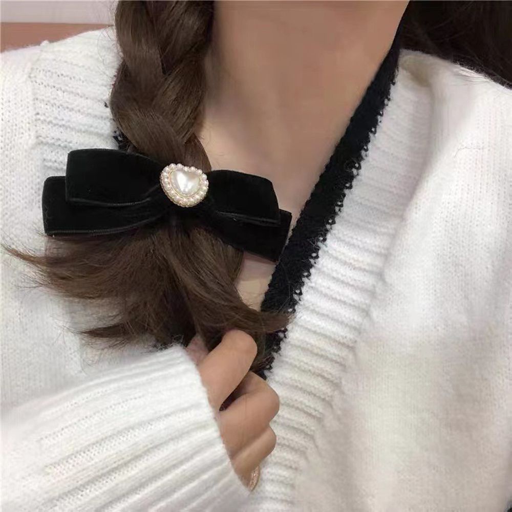 Kẹp tóc nơ vải nhung đính ngọc trai nhân tạo phong cách Hàn Quốc dễ thương thời trang thu đông cho nữ