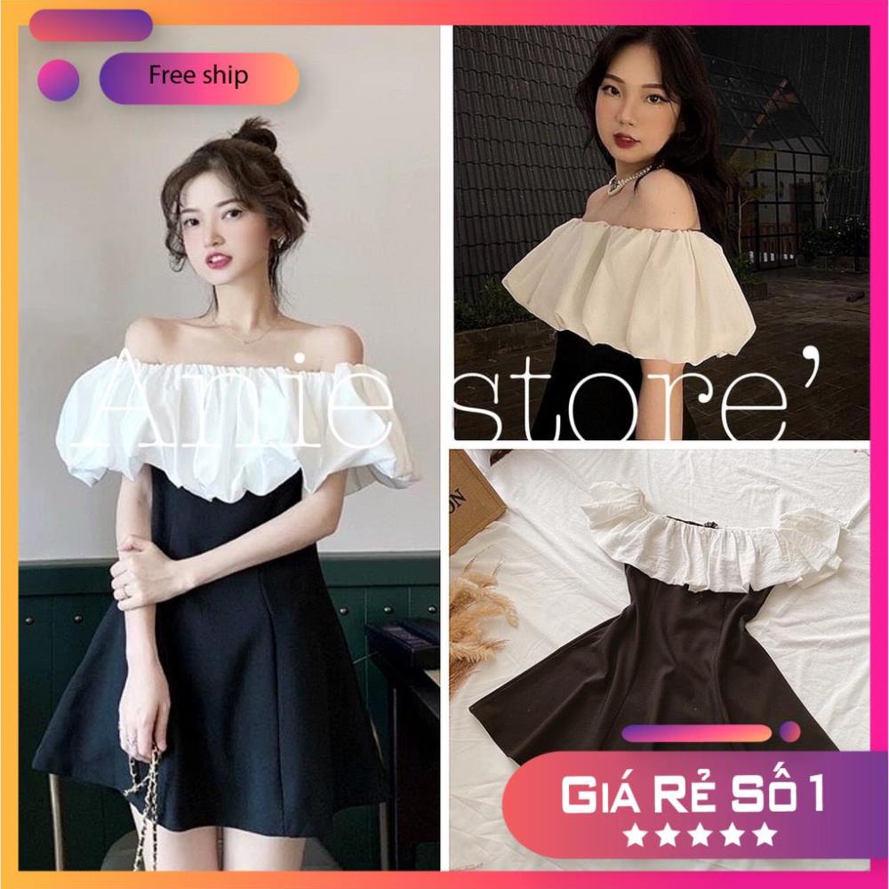Hàng Cao Cấp - FlashSale Đầm Nữ Trễ Vai Phối Màu 🦋 Váy Nữ Dáng Ngắn Vai Bèo Đen Trắng Chất Đũi 🦋