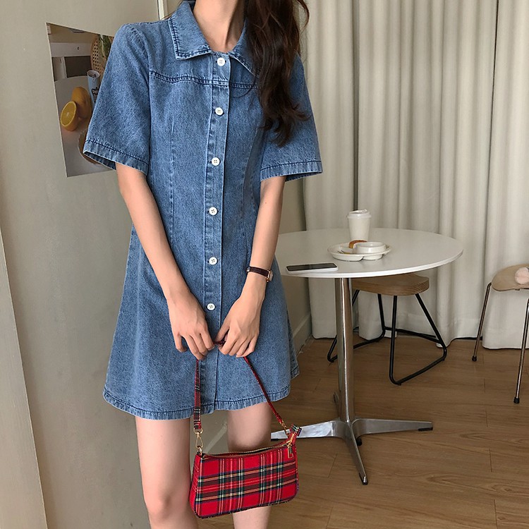 Đầm Denim Cổ Polo Tay Lỡ Phong Cách Hàn Quốc Dành Cho Nữ 34146
