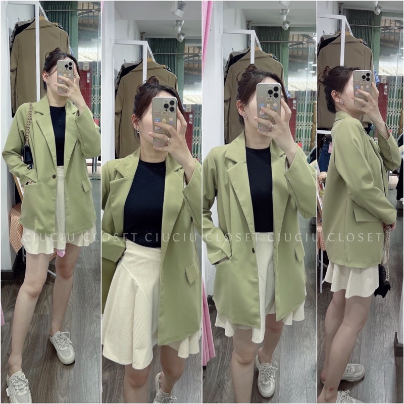 [Sẵn] Áo Khoác Vest Blazer Nữ Hàn Quốc Màu Xanh Bơ 2Lớp Đi Học Đi Làm