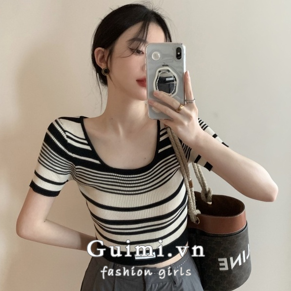 Áo dệt kim NZN tay ngắn cổ vuông họa tiết sọc caro quyến rũ thời trang mùa hè cho nữ