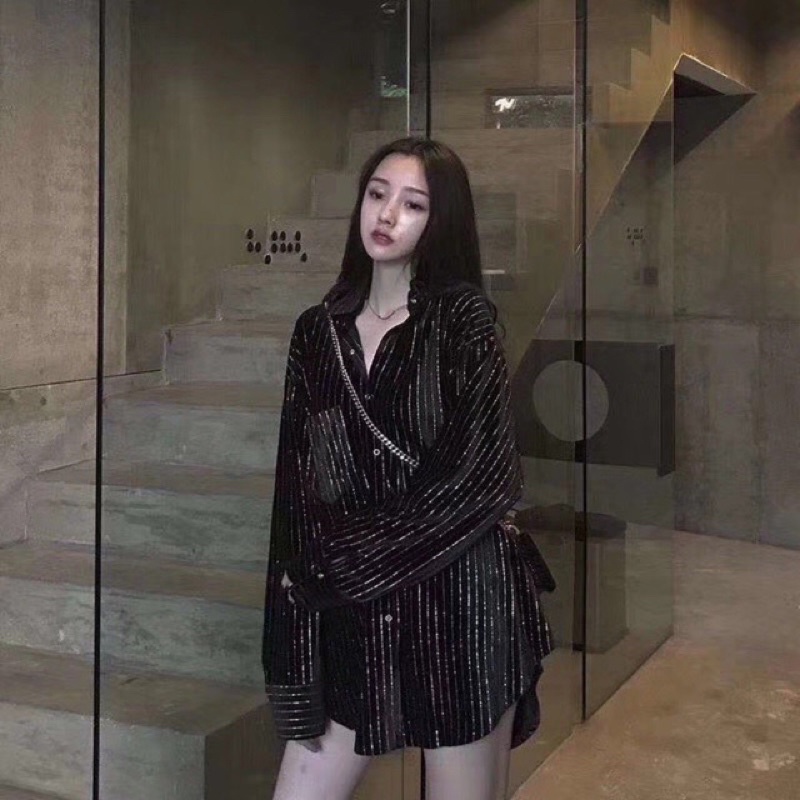 Áo sơ mi nhung dáng suông siêu xinh có ảnh thật