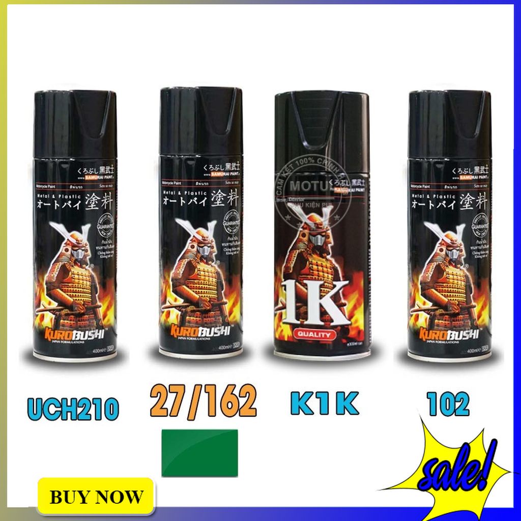 Combo 4 sơn xịt Samurai màu xanh lá (gồm 27/162 - UCH210 - 2/102 - K1K - Giấy nhám P800)