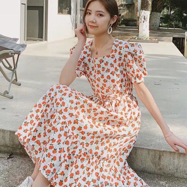 Đầm nữ hoa đỏ cam dáng đuôi cá xinh xắn,trẻ trung B-A-M STORE