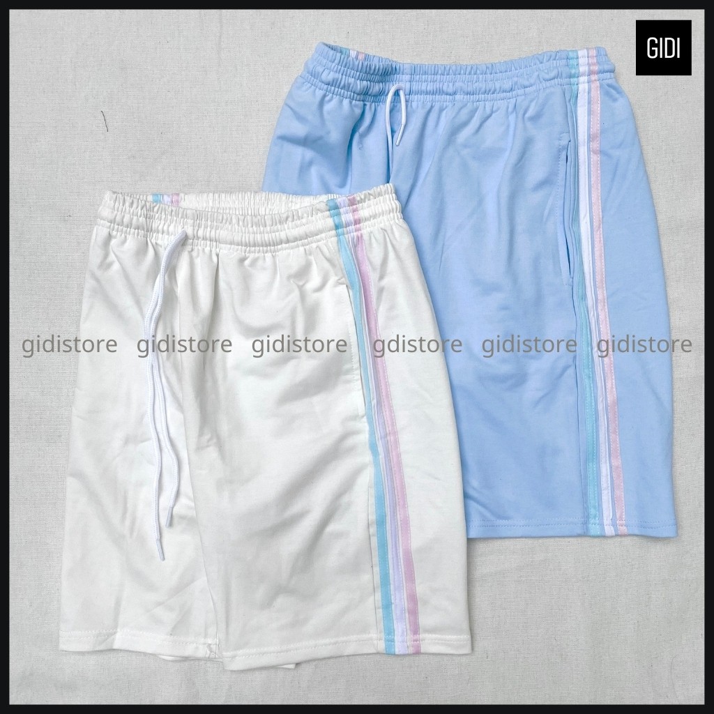 Quần Short thun RIO Nam Nữ Unisex phối 3 sọc trắng/ đen/ blue - quần đùi ngắn ống suông