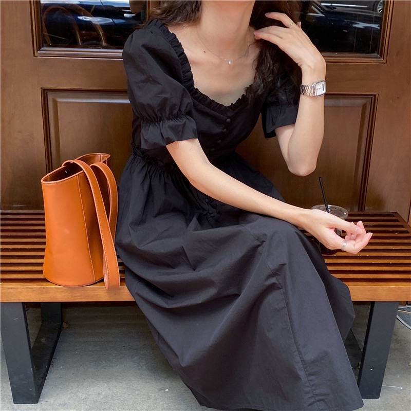 Đầm midi cổ vuông tay phồng thời trang thanh lịch 35861