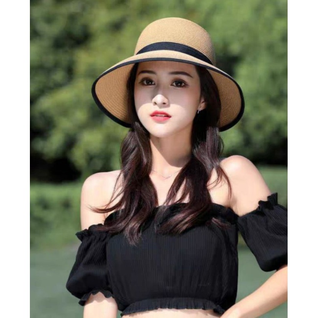 Mũ nón rộng vành nữ đi biển đẹp nơ đen thời trang Hàn Quốc