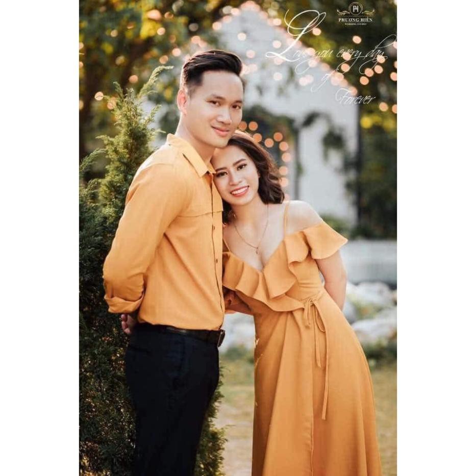 Áo đôi áo cặp 🎀FREESHIP🎀  Set váy nữ sơ mi nam cặp chụp cưới, dự tiệc, du lịch màu vàng đẹp - AV92