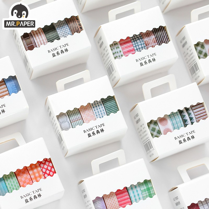 Hộp 5 cuộn băng keo Washi trang trí 8 kiểu dáng tùy chọn