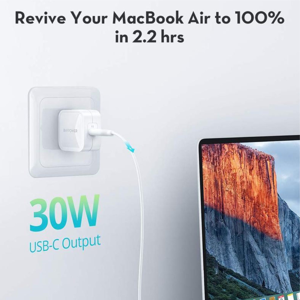 Củ Sạc 30W RAVPower RP-PC120 USB Type C PD 3.0 &amp; QC 3.0, GaN Nhỏ Gọn, Sạc Nhanh iPhone, Smartphone, iPad