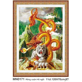 Tranh thêu chữ thập rồng cuộn hổ ngồi 120*70cm thêu kín