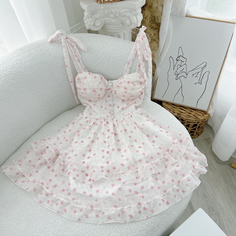 Set váy áo hoa nhí 2 dây, Set váy tiểu thư 2 dây hoa nhí kèm áo khoác CADIGAN thun gân cao cấp bao xinh.