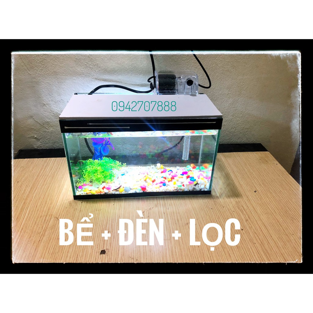 🐠 Set bể cá mini có lọc và nắp đèn led và 7 món( bể, lọc, cây, sỏi màu, vỏ sò biển, nắp đèn led, thức ăn cá)