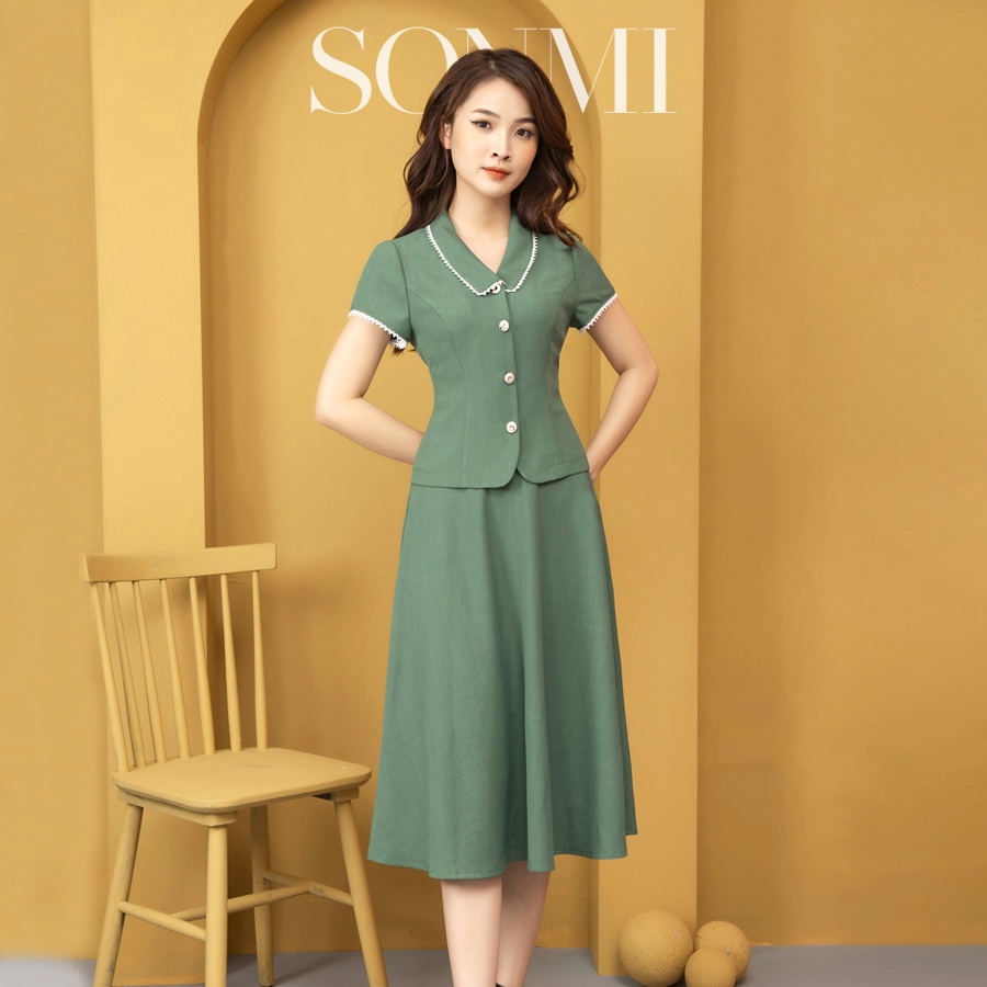 Set Áo Chân Váy Công Sở SONMI Hàn Quốc Màu Xanh Rêu Và Đỏ Đun HARPER ELLA