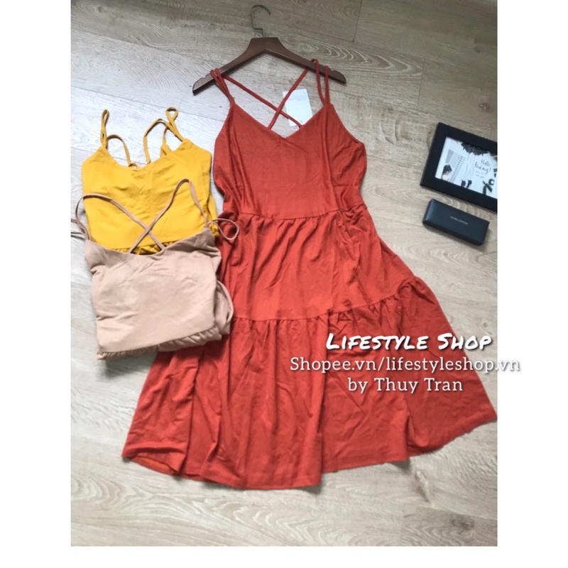 Váy babydoll 2 dây đan lưng chất thun đũi nhẹ tênh mềm mát