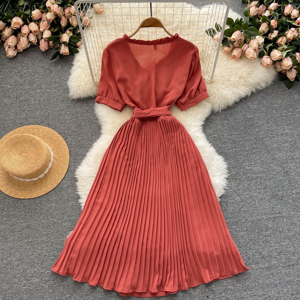 Đầm Midi Xếp Ly Cổ Chữ V Màu Trơn Đơn Giản Thời Trang Mùa Hè Phong Cách Hàn Quốc Dành Cho Nữ