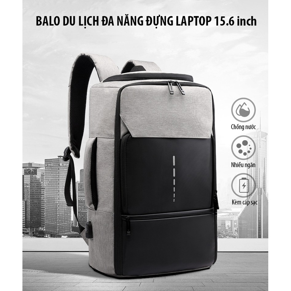 Balo du lịch đa năng đựng Laptop 15.6 inch nhiều ngăn, cáp sạc ẩn kèm quai xách ngang