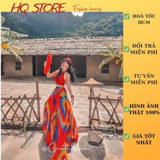 [Maxi] Sét maxi đi biển voan hoạ tiết áo yếm hơ lưng, chân váy loang dài dập li thướt tha kèm hình thật  - Maxi HQ store