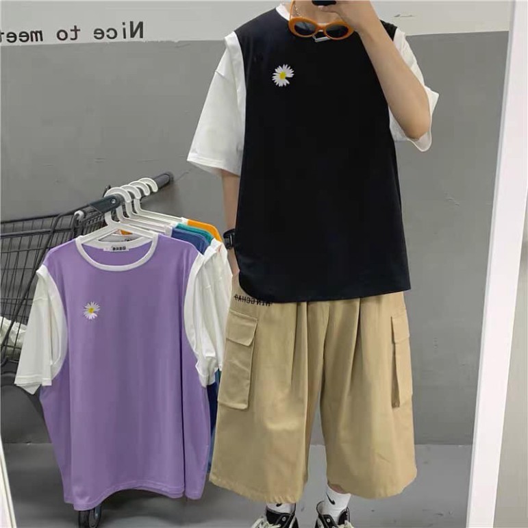 (Giá Gốc) ÁO KIỂU RAGLAN THÊU HOA CÚC TÍM ĐEN CAM UNISEX - ÁO GILE PHỐI HOA CÚC TAY TRẮNG FORM TO -👗TTshop👑