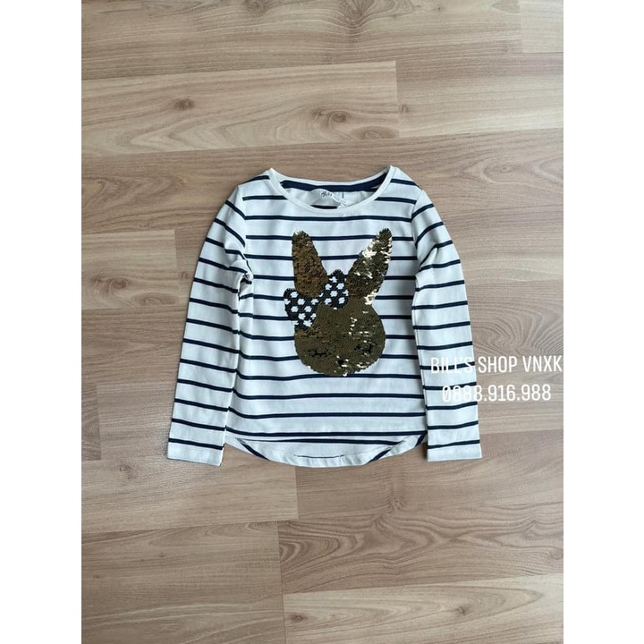 Áo kẻ HM kim sa lật thỏ bé gái dài tay size 3-10 tuổi