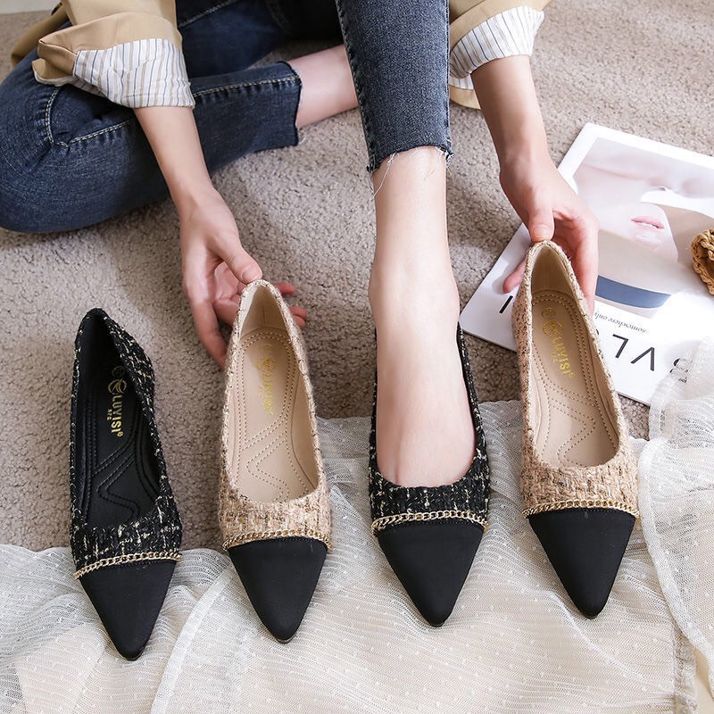 Giày bệt búp bê nữ phối dạ mũi nhọn kiểu dáng đơn giản da mềm êm chân - B28