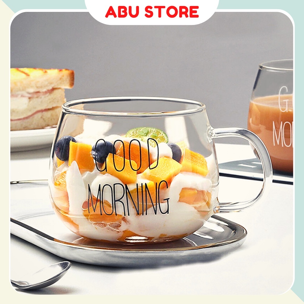 Ly thủy tinh GOOD MORNING cute dễ thương 350ml chiu nhiệt Cốc thủy tinh uống nước HOTREND hiện nay ABUSTORE