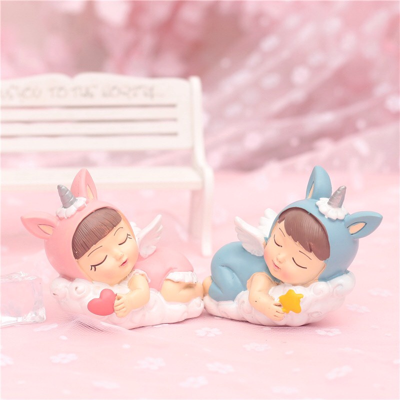 Trang trí bánh sinh nhật, bánh kem - cặp đôi em bé thiên thần nằm ngủ ( 2 bé )