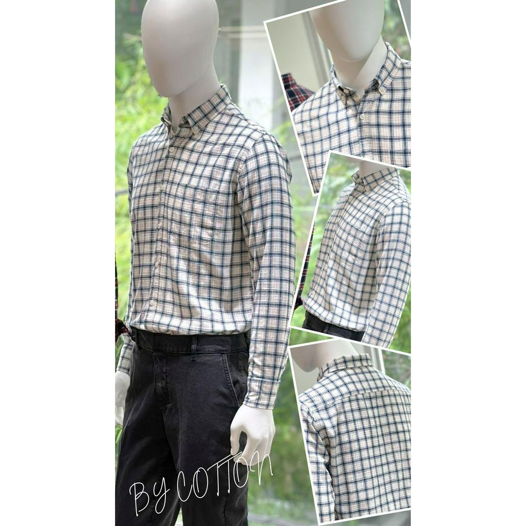 Áo Sơ Mi Nam Dài Tay Phối Sọc BY COTTON Checked White Blue Shirt