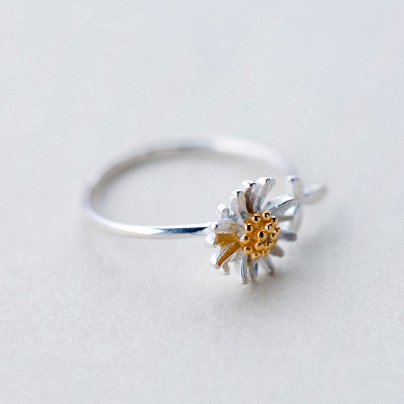 Women's Silver Ring Korean Version of Forest Silver Gold-plated Daisy Ring Cute Small Leaf Open Ring
