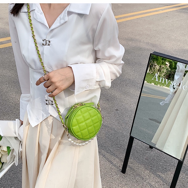 Túi đeo vai IELGY hình tròn cỡ nhỏ họa tiết hình thoi phối dây xích thời trang cho nữ