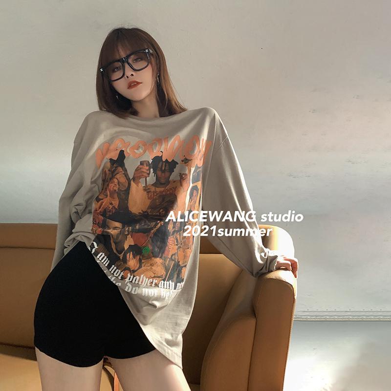 Áo thun Cotton tay dài dáng rộng thiết kế mới phong cách Retro