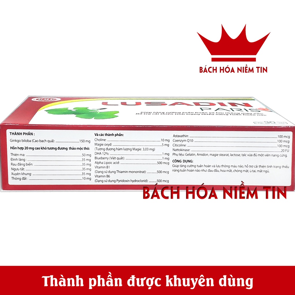 Viên uống bổ não Lusadin Paris -thành phần ginkgo biloba giúp giảm đau đầu chóng mặt, mất ngủ