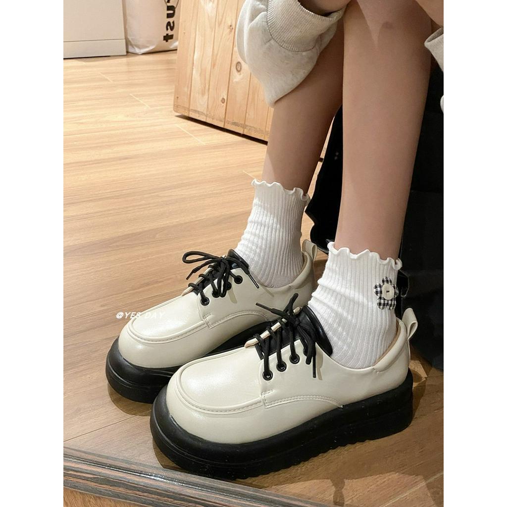 Giày oxford nữ ENNINO đế cao 5p TRƠN lolita buộc dây phong cách Hàn quốc màu đen/kem hot đẹp mới_ GIÀY UMI