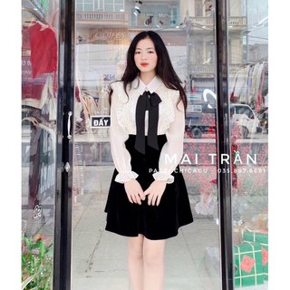 Áo sơ mi phối ren cổ nơ đen/new new