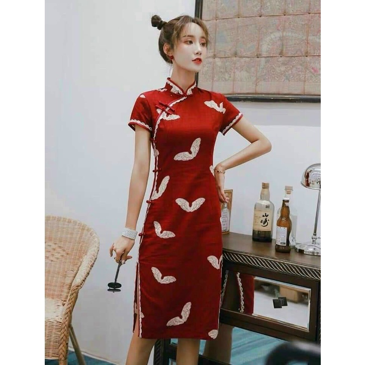 Đầm Sườn Xám Nút Mây Họa Tiết Cánh Bướm