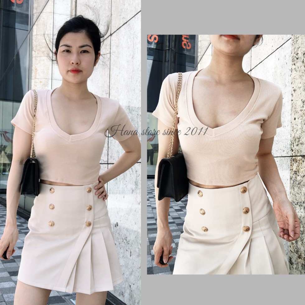 Áo croptop cổ chữ V, tay ngắn dáng ômfreesize[Ảnh thật] hàng có sẵn tại Hana Store