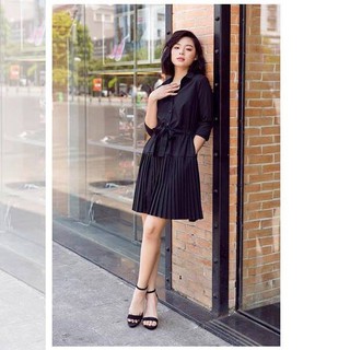 ĐẦM SƠ MI PHỐI NƠ EO VÁY XẾP LI
