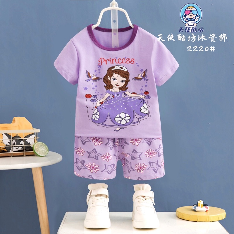 Bộ Cộc Tay Bé Gái Quảng Châu Cao Cấp 1 - 3 tuổi Tianshi Cotton Đồ Bộ Bé Gái In Hình Công Chúa Elsa
