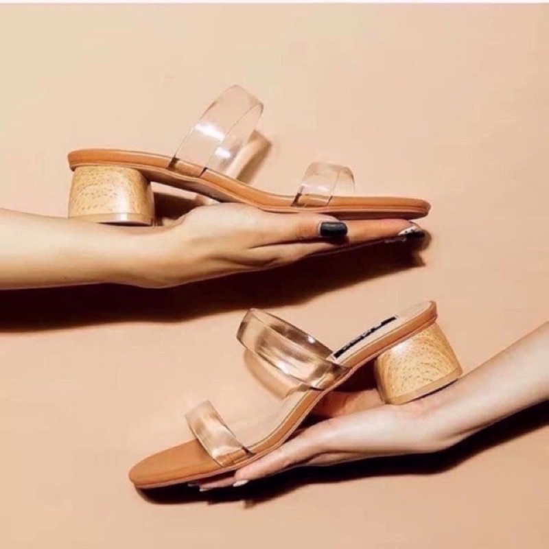 Guốc cao gót, dép cao gót vuông giả gỗ 4cm quai trong dày 2 dây ngang