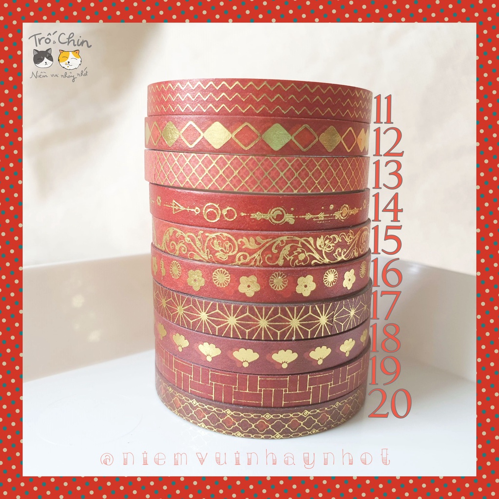 [HÀNG CÓ SẴN] [ẢNH THẬT] Washi tape nhũ ánh kim MÀU ĐỎ Gold Red Washi tape (kích thước 5mm*2m)