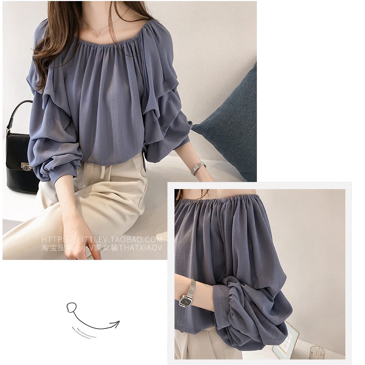 Áo chiffon công sở cổ thuyền tay dài phong cách Hàn Quốc