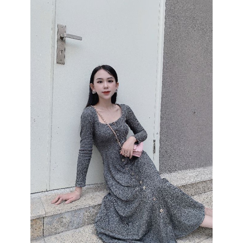 Đầm thun gân trang trí nút sà cừ hoa mai