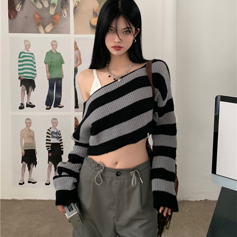 Áo Len Tay Dài Cổ Tròn Họa Tiết Sọc Ngang Thời Trang Dành Cho Nữ